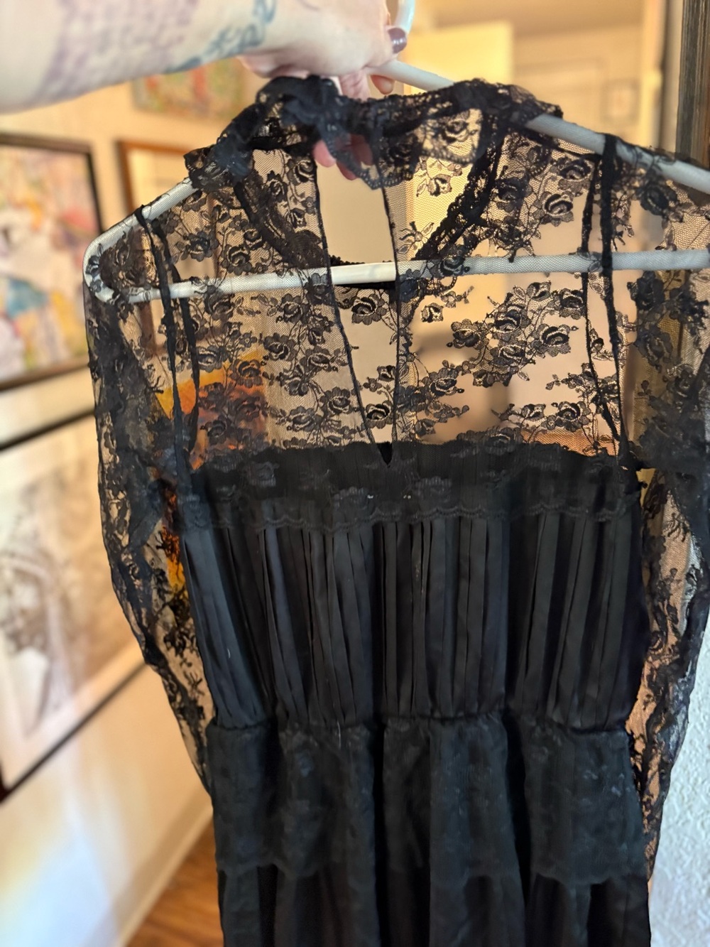 Free People Black Lace Midi Dress with Pleated Bodice and High Neck